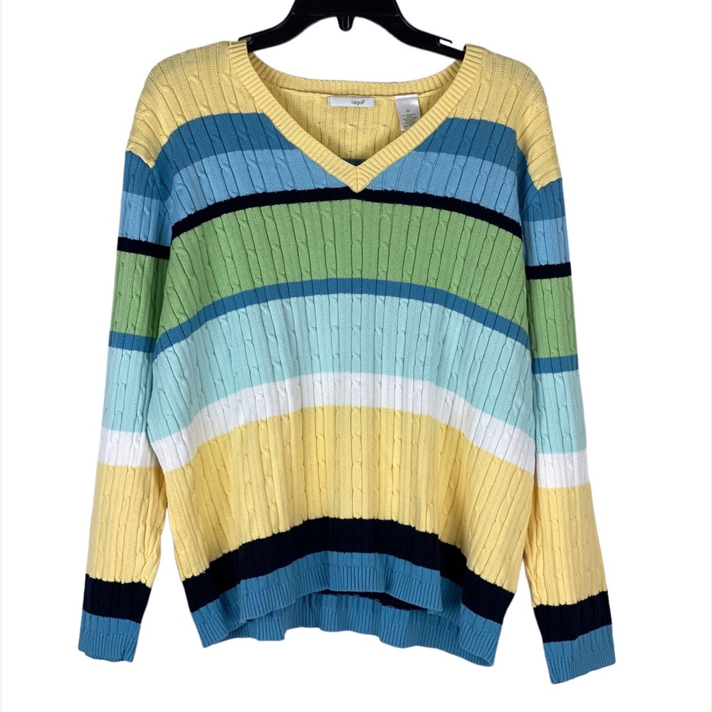 Liz golf Plus Size 2X Knit V-Neck Sweater Striped Cotton NWOT
